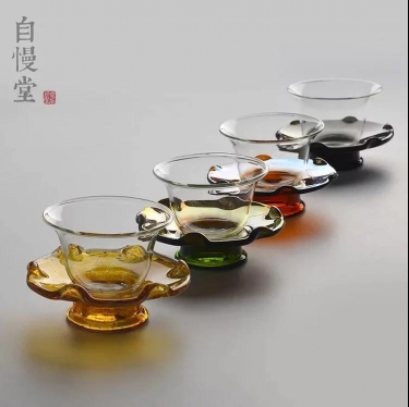 台湾自慢堂莲花杯 草堂耐热玻璃荷叶杯组小品杯品茗杯茶杯