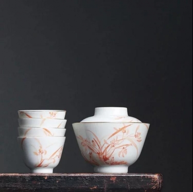 弥云 矾红玉瓷24K金边手绘茶具盖碗品杯套装