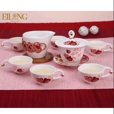 台湾宜龙递结良缘创意陶瓷功夫茶具套装三才盖碗茶海茶杯8入