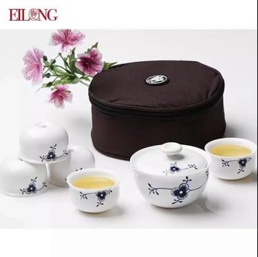 台湾宜龙EILONG墨唐草便携青花瓷陶瓷旅行茶具套装茶壶茶杯6入